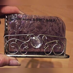 Business Card Holder Silver Metal Faux Purple Stain Glass "You Want What? When?"